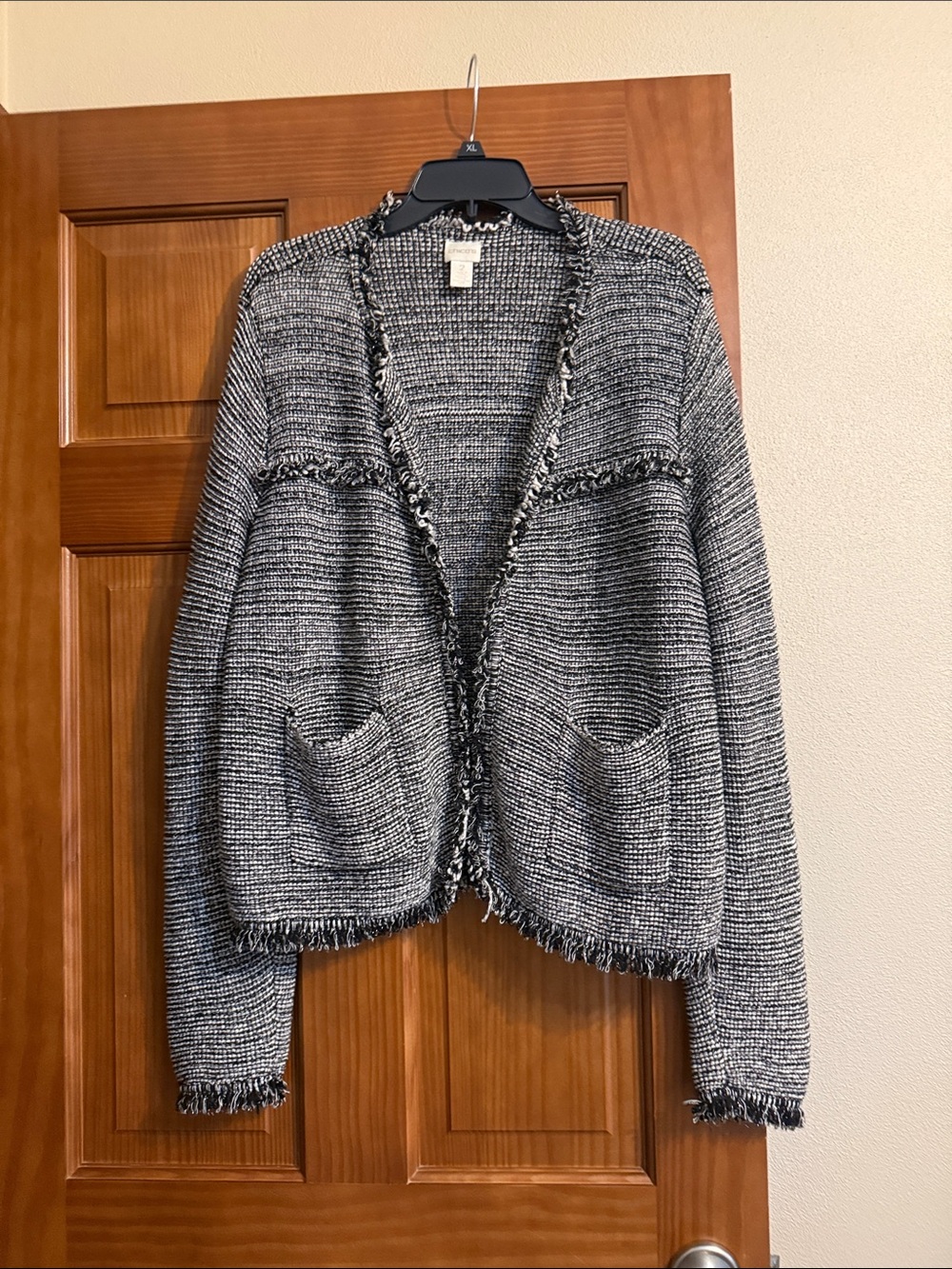 Chico's Black & White Open-Front Fringe Trim Cardigan size 2 or large